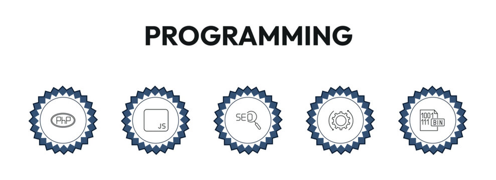 programming outline icon set. php, js, image seo, binary file and more. linear vector collection. editable stroke
