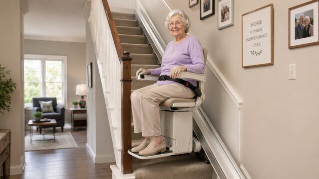 Elderly woman seated on stairlift inside residential home