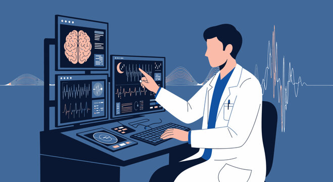 Doctor analyzing brain scan and vital signs on futuristic computer interface
