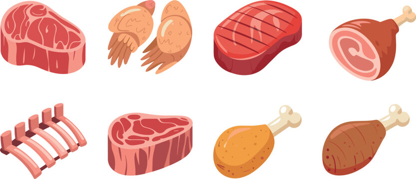 Raw meat and poultry vector icon set featuring beef steak ribs ham and chicken legs icon elements