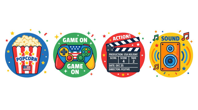 A colorful illustration of four movie-themed icons including popcorn, a game controller, a clapperboard, and a speaker on a white background.