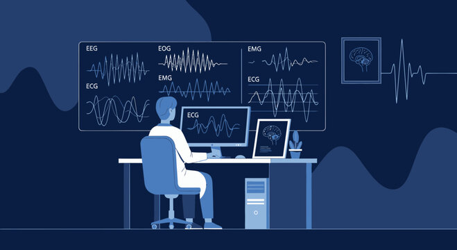 Doctor analyzing brainwaves and medical data on computer in laboratory