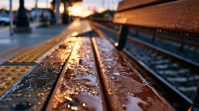 Rain soaked commuter train platform at dawn with empty benches and moisture on the concrete surface, public transportation, urban infrastructure, commuter lifestyle, city planning, daily routine edi