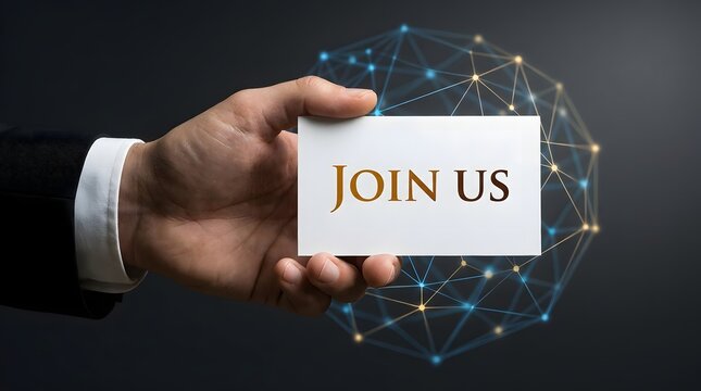 Hand holding join us card with network background