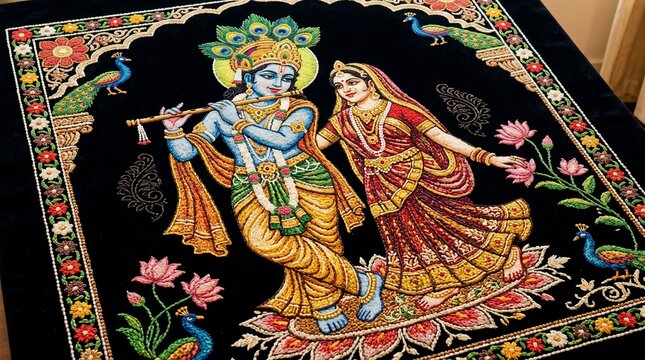 Radha Krishna dancing under peacock surrounded by lotus flowers