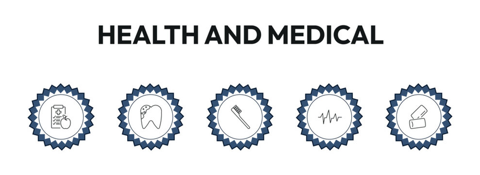 health and medical outline icon set. nutrition, caries, tooth brush, gum and more. linear vector collection. editable stroke