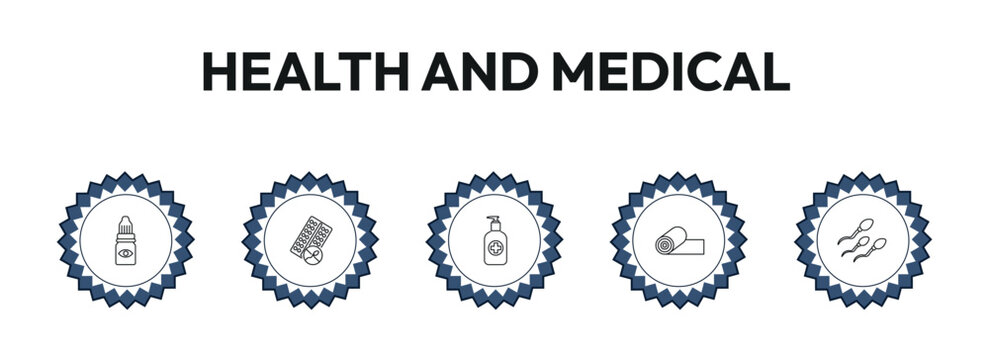 health and medical outline icon set. eye drops, contraceptive pills, desinfectant, spermatozoon and more. linear vector collection. editable stroke