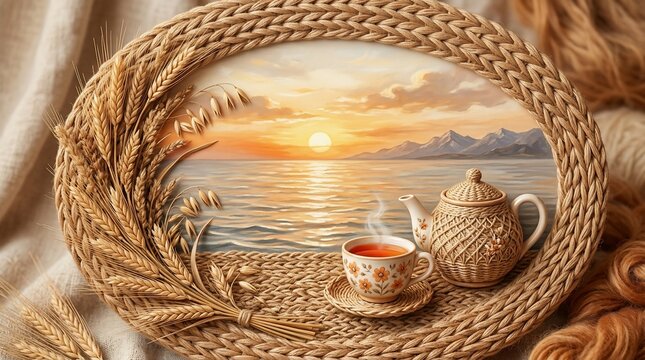 Sunset tea time by the serene ocean with mountains