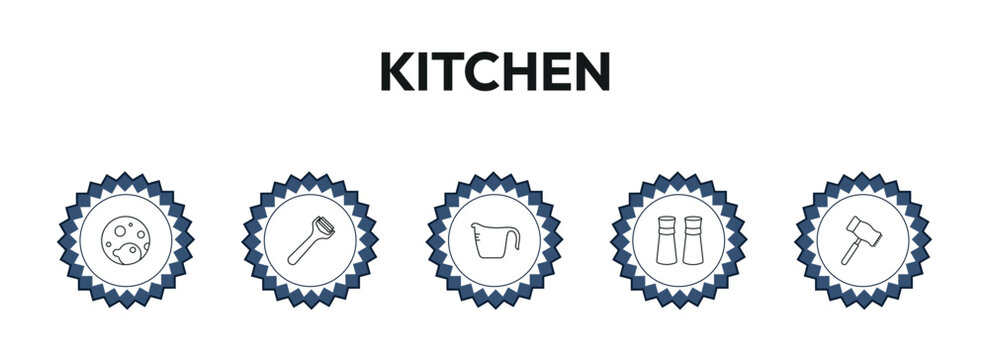 kitchen outline icon set. molded, peeler, measuring cup, meat tenderizer and more. linear vector collection. editable stroke