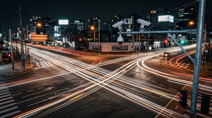 Obraz premium Surveillance camera monitoring busy city street intersection at night. Traffic light trails and moving car headlights on urban road. Concept of public safety, security and city control.