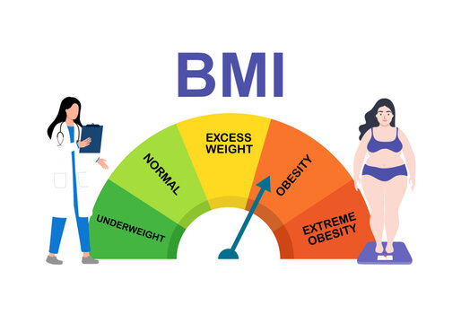 Body Mass Index BMI 5 Ranges Obesity, underweight and extremely obese scales Body weight Heart rate Measurement and height Control body weight BMI Medical chart flat vector illustration concept