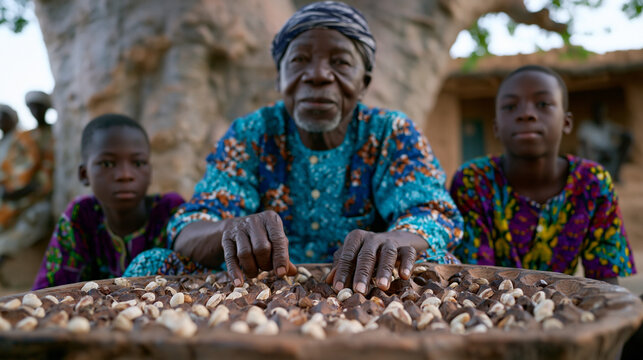 West African griot sits beneath enormous baobab tree teaching teenage boys traditional mancala board strategy, carved wooden seeds arranged across hollowed playing surface, village elders watching f