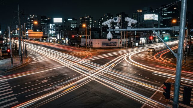 Surveillance camera monitoring busy city street intersection at night. Traffic light trails and moving car headlights on urban road. Concept of public safety, security and city control.