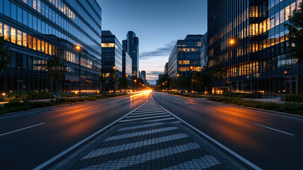 Naklejka premium Street view of buildings and traffic lights at dusk with street lights