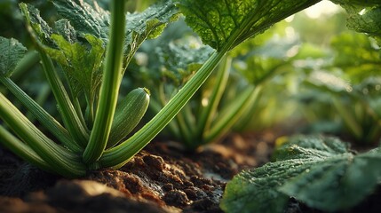 Obraz premium Young zucchini plant growing in garden soil with fresh leaves and small fruits.