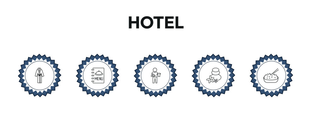 hotel outline icon set. bathrobe, menu, servant, rice and more. linear vector collection. editable stroke