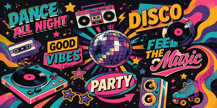 Colorful Retro Disco Party Scene with Boombox Vinyl Turntable and Neon Dance Vibes Illustration
