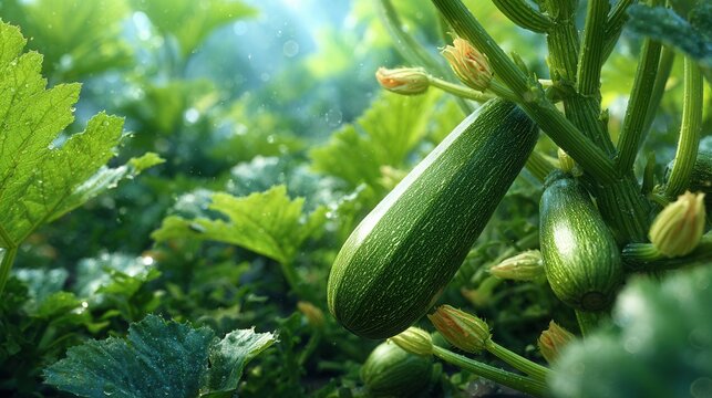Young zucchini plant growing in garden soil with fresh leaves and small fruits.