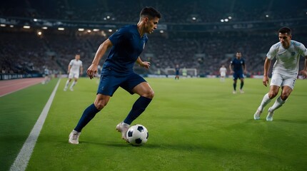 Naklejka premium Soccer Player Dribbles Ball on Pitch Near Touchline Low Angle View Stadium Crowd