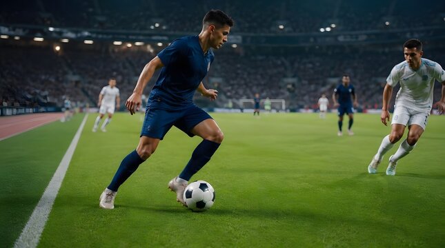 Soccer Player Dribbles Ball on Pitch Near Touchline Low Angle View Stadium Crowd