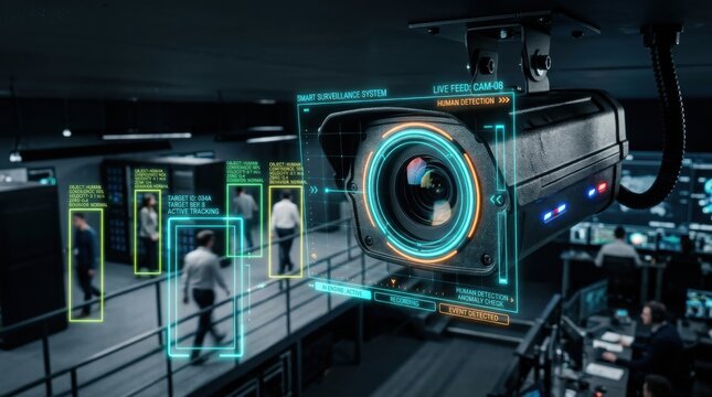 Smart security camera scanning people in an office. Artificial intelligence surveillance system identifying human movement. Digital monitoring technology for city and corporate safety.