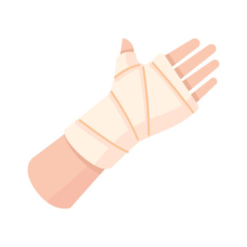 Cartoon illustration of a bandaged human hand, signifying injury, medical treatment, and recovery process