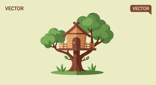 Treehouse with brown door and roof.