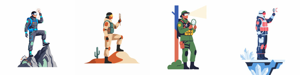 Flat vector illustrations of explorers and researchers in diverse environments including mountain peaks, deserts, forests, and arctic landscapes. © Kreco