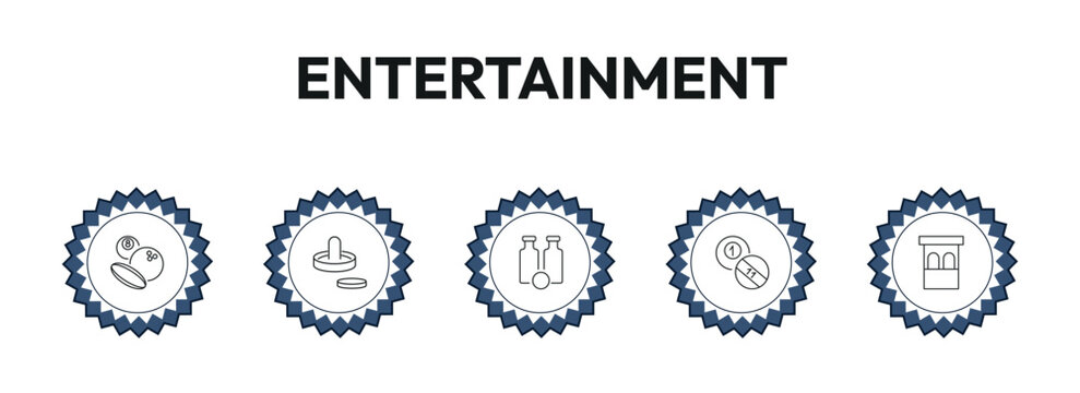 entertainment outline icon set. sports ball, air hockey, bottles ball, ticket booth and more. linear vector collection. editable stroke