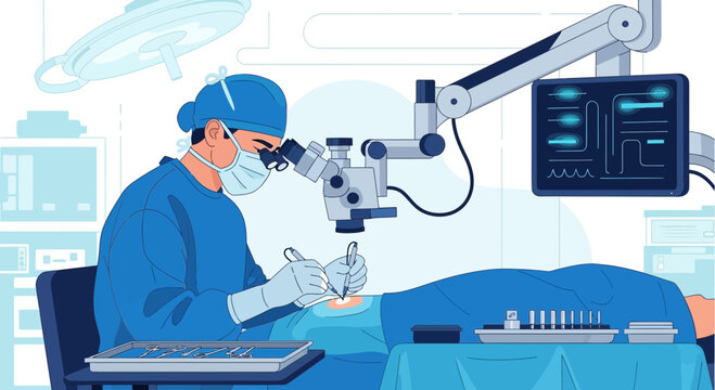 Surgeon Performing Microsurgery with Advanced Technology in Operating Room