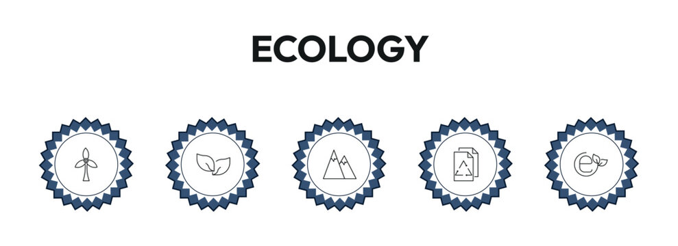 ecology outline icon set. wind mills, two leaves, snowy mountains, eco e and more. linear vector collection. editable stroke