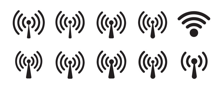 Radio antenna and wireless wifi signal icons set representing telecommunication and internet connectivity.
