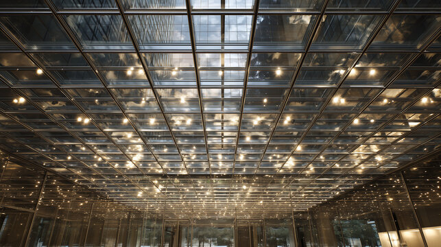 Looking up at a reflective grid ceiling with lights and reflections of clouds and building above