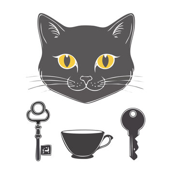 Minimalist black cat face with keys and teacup illustration