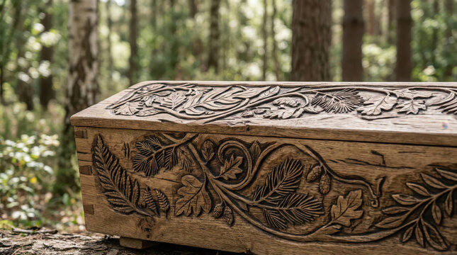Hand carved wooden coffin with oak leaf patterns in a forest. Eco friendly burial casket made of natural timber. Intricate wood carving detail of acorns and ferns on a rustic chest