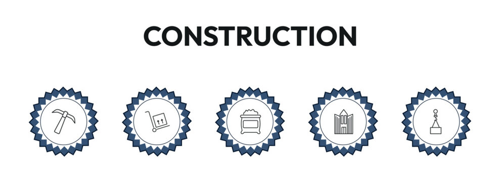 construction outline icon set. inclined picker, trolley with cargo, cement, derrick with load and more. linear vector collection. editable stroke