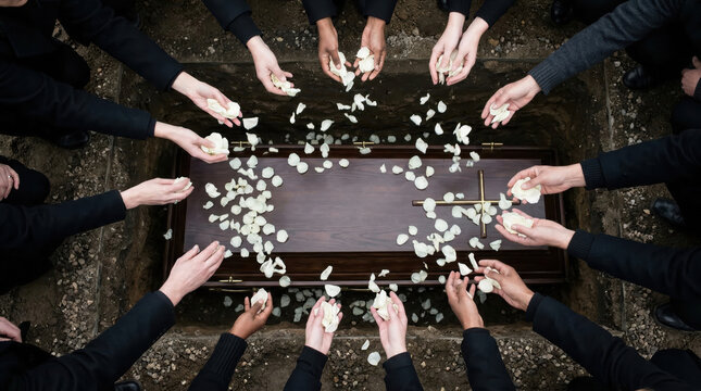 Top view of hands dropping white rose petals onto a coffin in an open grave. Funeral ceremony and burial ritual. Diverse people in black mourning clothes paying final tribute at a cemetery