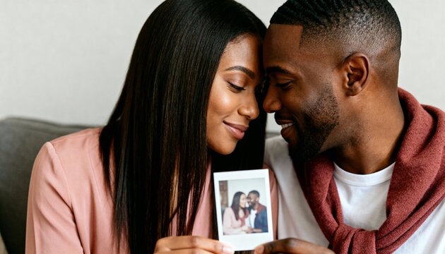 Young Black couple touching foreheads while holding an instant photo. Romantic African American man and woman sharing an intimate moment at home. Relationship and memories concept