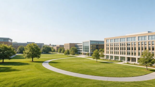 Modern university campus with green lawn and curved walkway. Contemporary corporate office buildings under a clear blue sky. Academic and professional environment concept