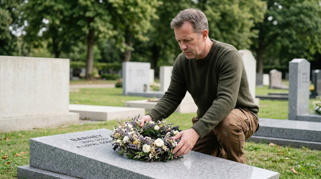 Man kneeling at a pet grave in a cemetery. Placing a floral wreath on a headstone for a loyal companion. Grief and remembrance of a deceased dog concept