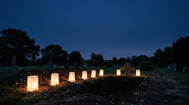 Freshly dug grave with glowing candle lanterns at night. Memorial service in a cemetery at twilight. Wooden cross headstone for Sarah Elizabeth Wade