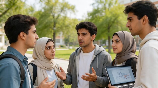Diverse group of university students collaborating on an architectural project outdoors. Young multicultural students discussing a technical design on a laptop screen on campus