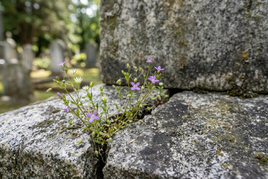 Small purple and white wildflowers growing from a crack in a weathered stone tombstone. Life and growth in a cemetery. Resilience of nature concept. Close-up of flowers on granite monument