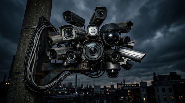 Cluster of security cameras mounted on a pole against city skyline. Urban surveillance network protecting public space. Modern technology for crime prevention and public safety monitoring.