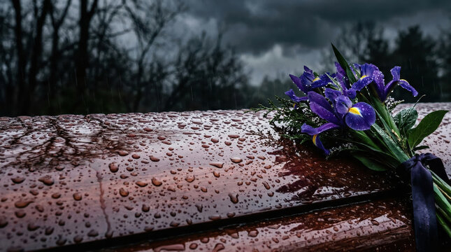Purple iris bouquet on a wet wooden casket. Funeral service in the rain with raindrops on polished wood. Mourning and remembrance concept