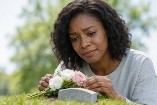 Black woman crying while placing flowers on a pet grave. Mourning a cat in the backyard. Grief and loss of a pet concept