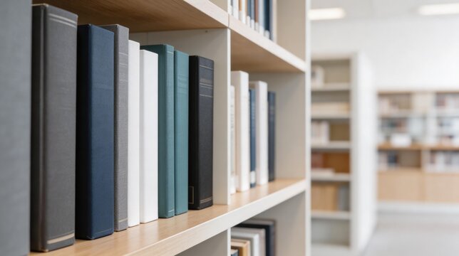 Row of hardcover books on a wooden shelf in a library. Close-up of book spines in various colors like blue, grey, and white. Education and knowledge concept. Shallow depth of field