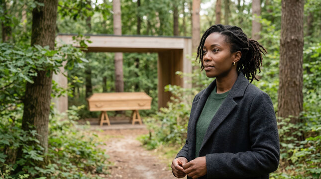 Black woman standing in a forest during a natural burial service. Light wood coffin in a woodland cemetery. Eco-friendly funeral and mourning concept