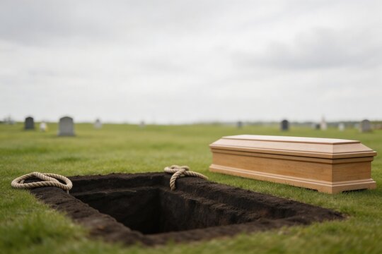 Wooden coffin next to an open grave in a cemetery. Funeral burial site with casket and ropes on green grass. Somber memorial service concept