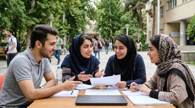 Group of university students studying together outdoors. Middle Eastern young adults in hijabs collaborating on a project at a campus table. Education and teamwork concept